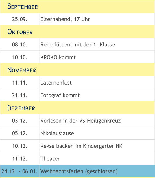 25.09. Elternabend, 17 Uhr 08.10. Rehe füttern mit der 1. Klasse 10.10. KROKO kommt 11.11. Laternenfest 21.11. Fotograf kommt 03.12. Vorlesen in der VS-Heiligenkreuz 05.12. Nikolausjause 10.12. Kekse backen im Kindergarter HK 11.12. Theater 24.12. - 06.01. Weihnachtsferien (geschlossen)    September    November    Dezember    Oktober
